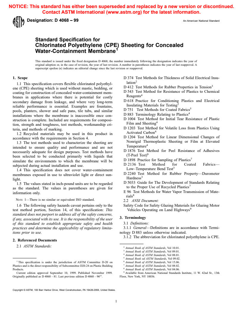 ASTM D4068-99 - Standard Specification for Chlorinated Polyethylene (CPE) Sheeting for Concealed Water-Containment Membrane