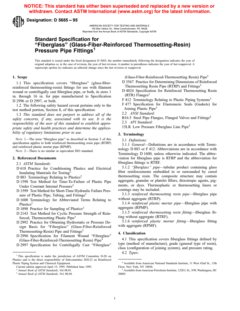 ASTM D5685-95 - Standard Specification for "Fiberglass" (Glass-Fiber-Reinforced Thermosetting-Resin) Pressure Pipe Fittings