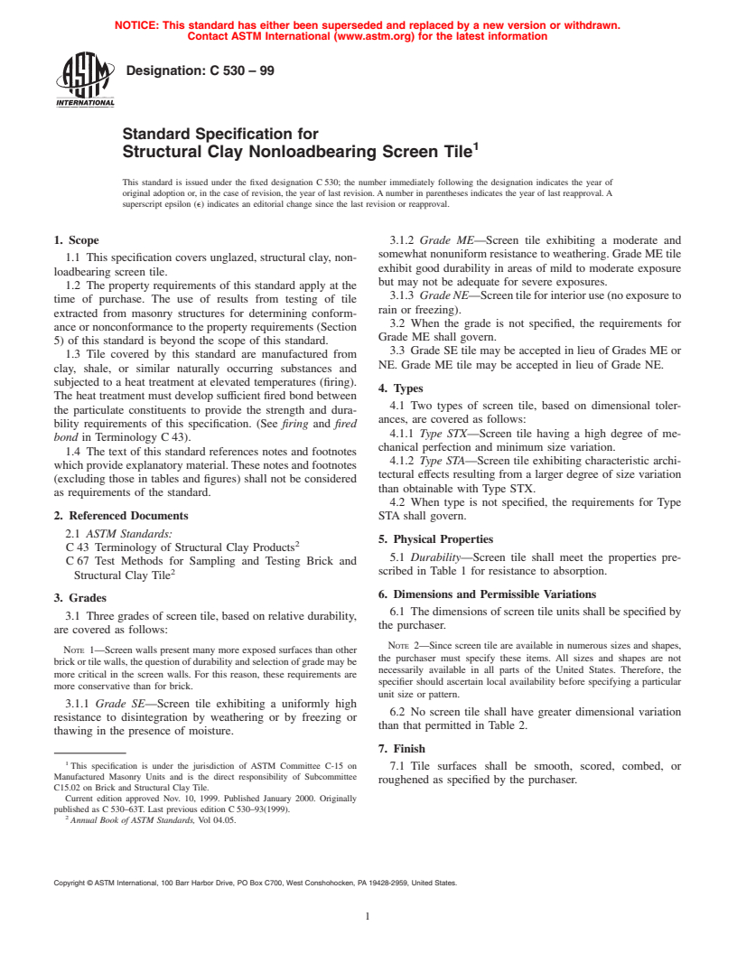 ASTM C530-99 - Standard Specification for Structural Clay Nonloadbearing Screen Tile