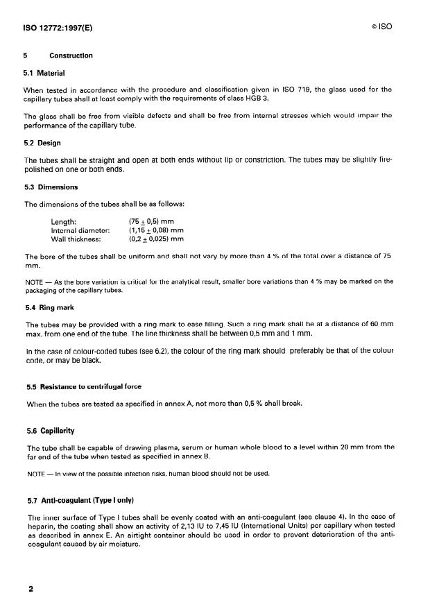 ISO 12772:1997 ISO 12772:1997 - Laboratory glassware -- Disposable microhaematocrit capillary tubes - Page 4 preview