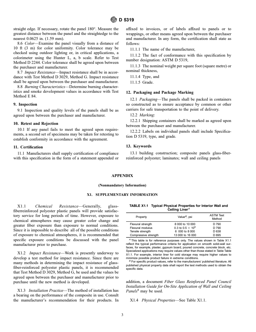 ASTM D5319-97 - Standard Specification for Glass-Fiber Reinforced Polyester Wall and Ceiling Panels