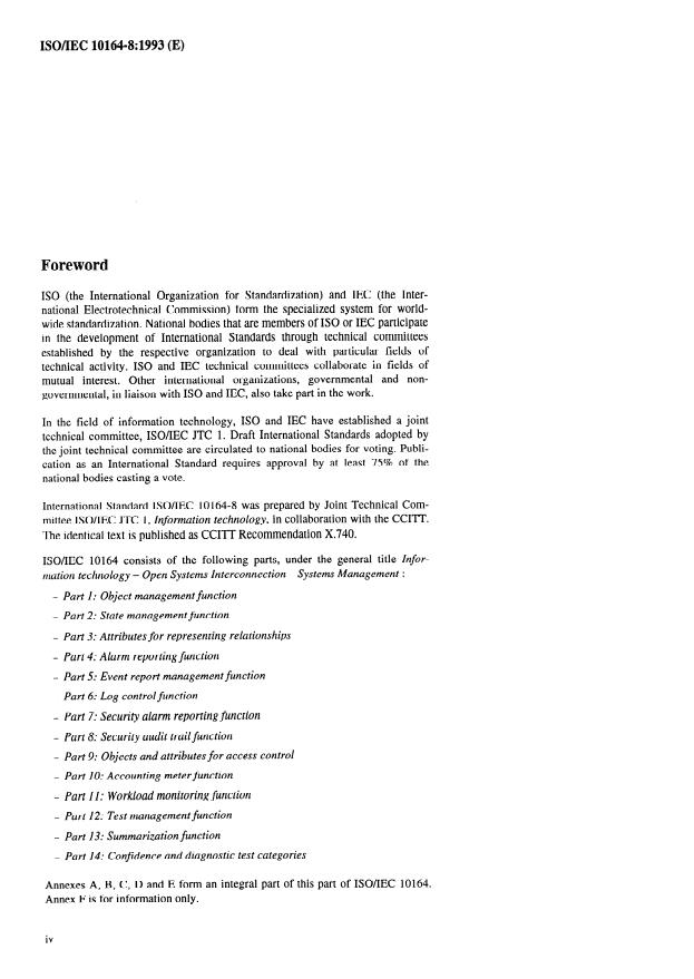 ISO/IEC 10164-8:1993 ISO/IEC 10164-8:1993 - Information technology -- Open Systems Interconnection -- Systems Management: Security audit trail function - Page 4 preview