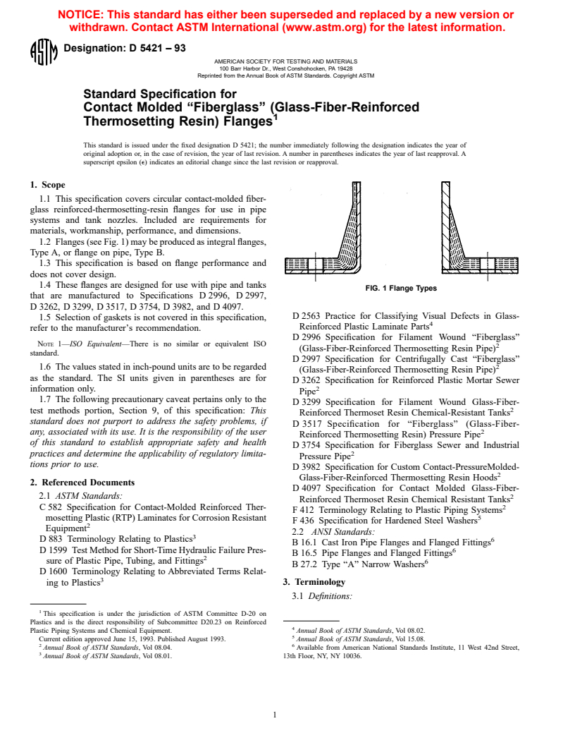 ASTM D5421-93 - Standard Specification for Contact Molded "Fiberglass" (Glass-Fiber-Reinforced Thermosetting Resin) Flanges