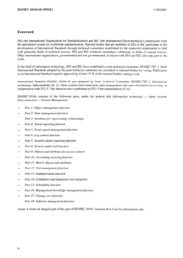ISO/IEC 10164-10:1995 ISO/IEC 10164-10:1995 - Information technology -- Open Systems Interconnection -- Systems Management: Usage metering function for accounting purposes - Page 4 preview