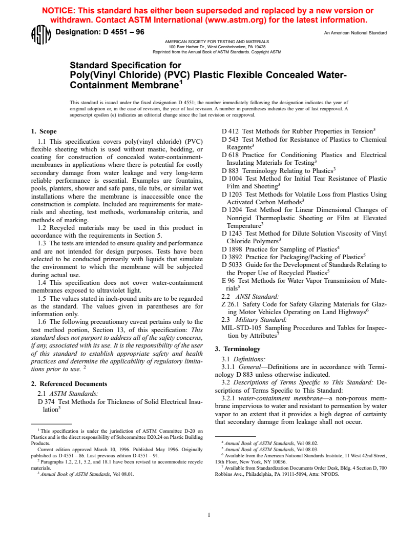 ASTM D4551-96 - Standard Specification for Poly(Vinyl Chloride) (PVC) Plastic Flexible Concealed Water-Containment Membrane