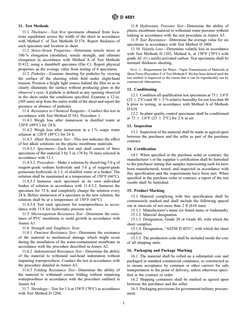 ASTM D4551-96 - Standard Specification for Poly(Vinyl Chloride) (PVC) Plastic Flexible Concealed Water-Containment Membrane