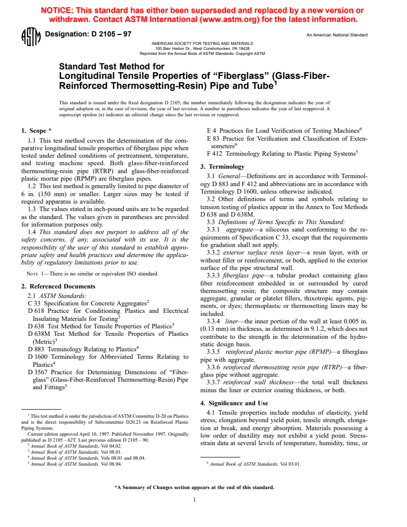 ASTM D2105-97 - Standard Test Method for Longitudinal Tensile Properties of "Fiberglass" (Glass-Fiber-Reinforced Thermosetting-Resin) Pipe and Tube