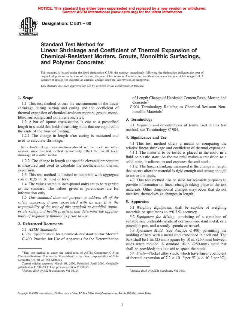 ASTM C531-00 - Standard Test Method for Linear Shrinkage and Coefficient of Thermal Expansion of Chemical-Resistant Mortars, Grouts, Monolithic Surfacings, and Polymer Concretes