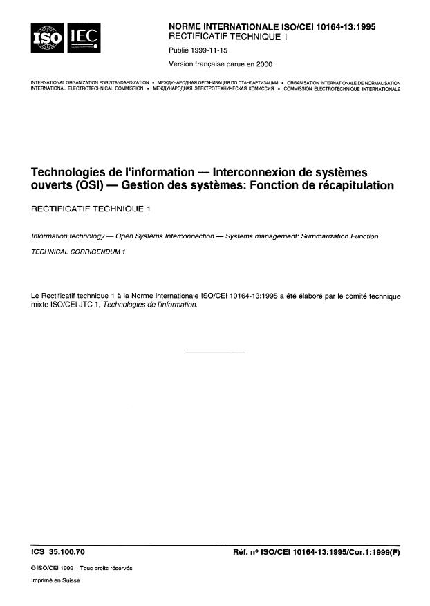ISO/IEC 10164-13:1995 ISO/IEC 10164-13:1995 - Technologies de l'information -- Interconnexion de systemes ouverts (OSI)— Gestion des systemes: Fonction de récapitulation - Page 1 preview