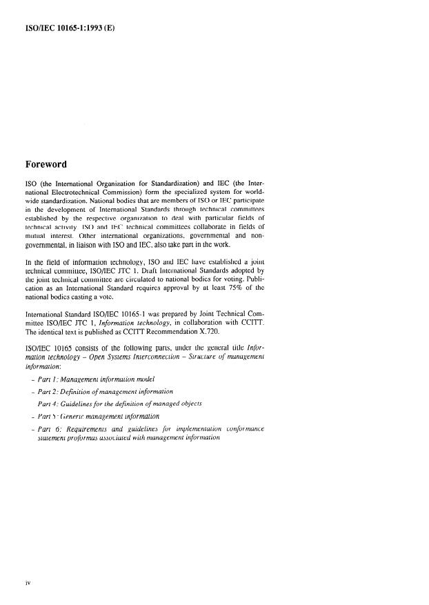 ISO/IEC 10165-1:1993 ISO/IEC 10165-1:1993 - Information technology -- Open Systems Interconnection -- Management Information Services -- Structure of management information: Management Information Model - Page 4 preview