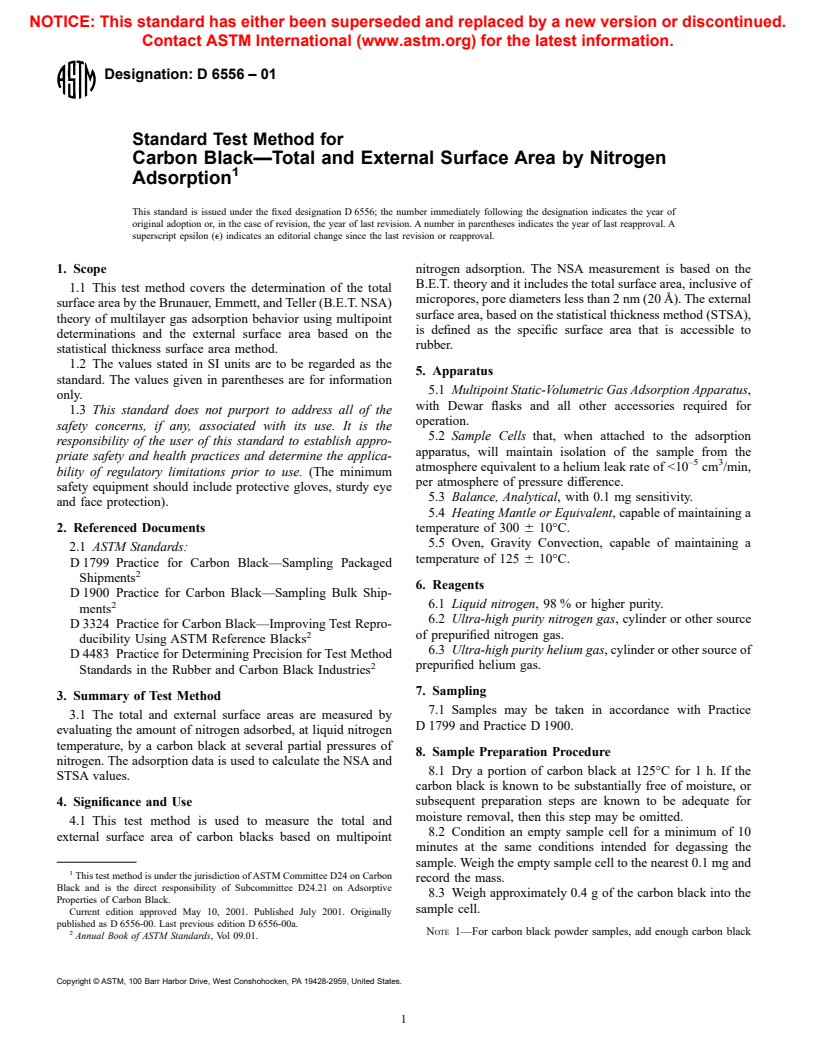 ASTM D6556-01 - Standard Test Method for Carbon Black&#8212;Total and External Surface Area by Nitrogen Adsorption