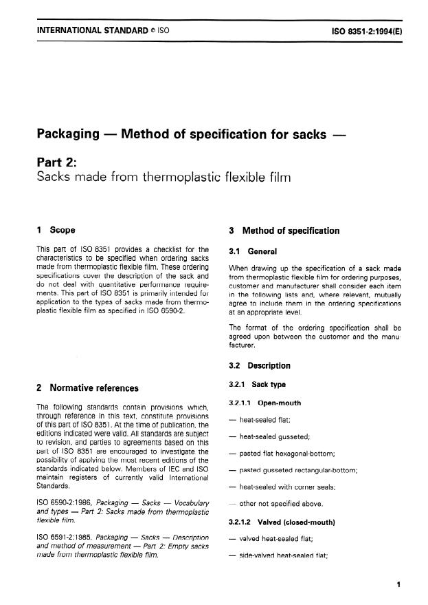 ISO 8351-2:1994 - Packaging -- Method of specification for sacks