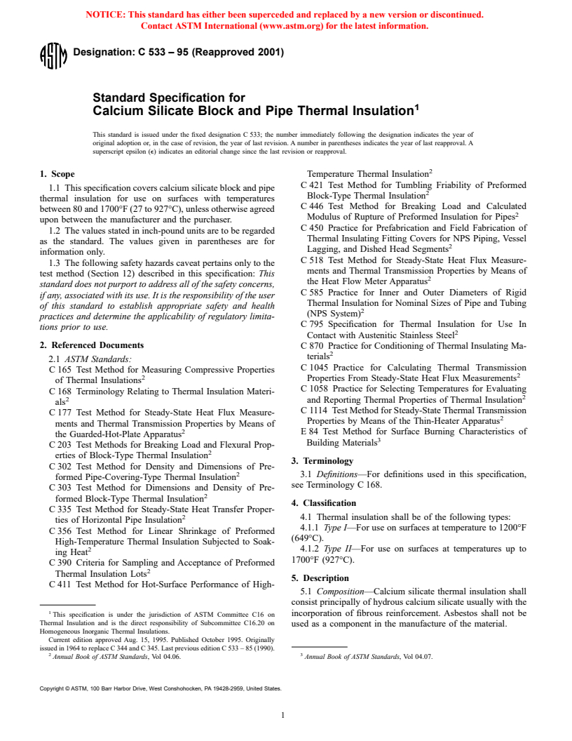 ASTM C533-95(2001) - Standard Specification for Calcium Silicate Block and Pipe Thermal Insulation