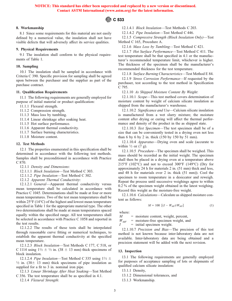 ASTM C533-95(2001) - Standard Specification for Calcium Silicate Block and Pipe Thermal Insulation