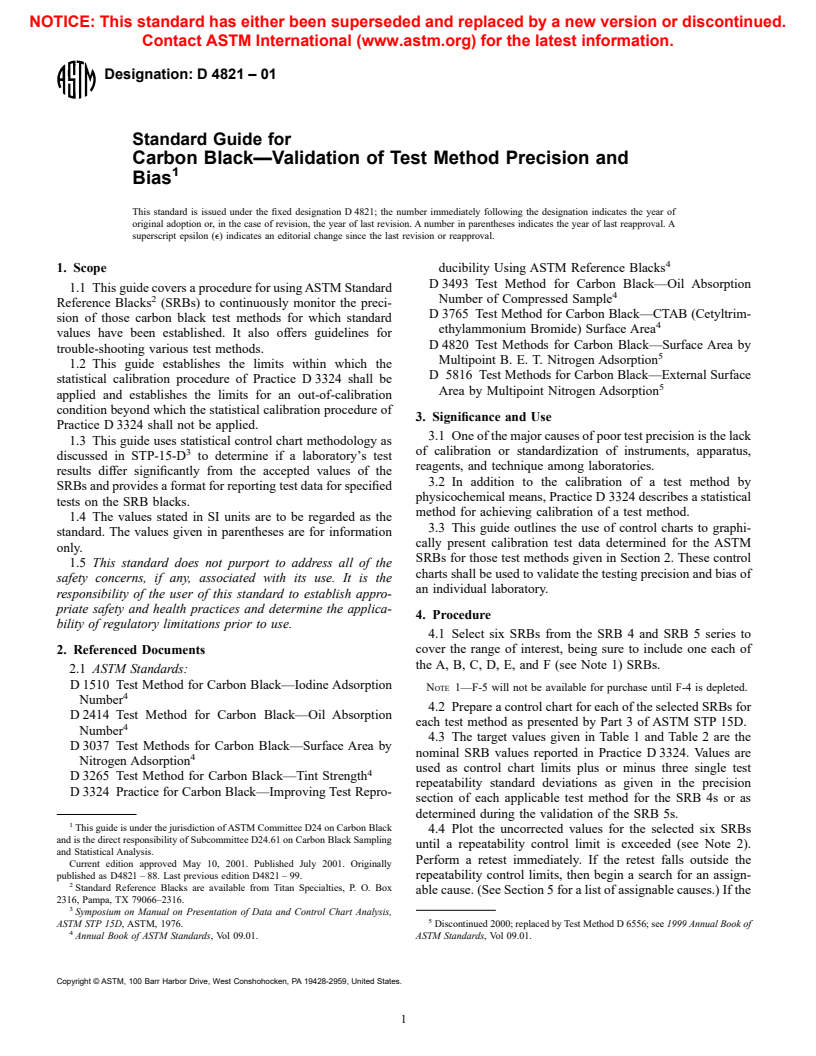 ASTM D4821-01 - Standard Guide for Carbon Black&#8212;Validation of Test Method Precision and Bias