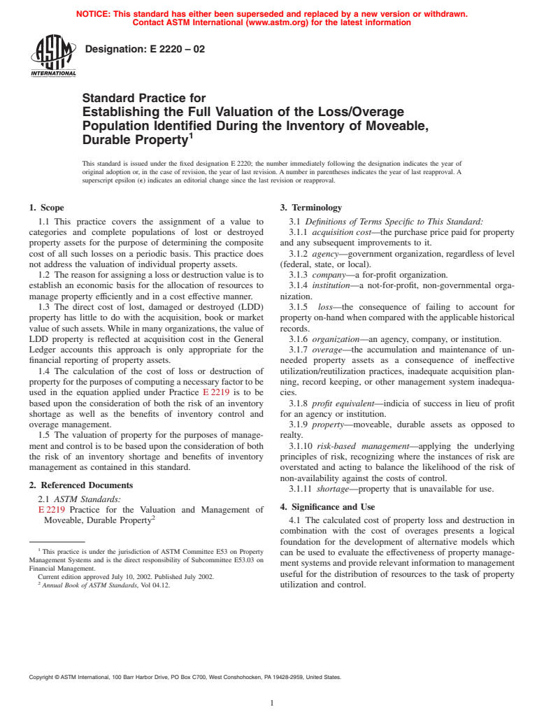 ASTM E2220-02 - Standard Practice for Establishing the Full Valuation of the Loss/Overage Population Identified During the Inventory of Moveable, Durable Property (Withdrawn 2009)