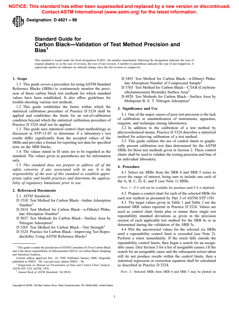 ASTM D4821-99 - Standard Guide for Carbon Black&#8212;Validation of Test Method Precision and Bias