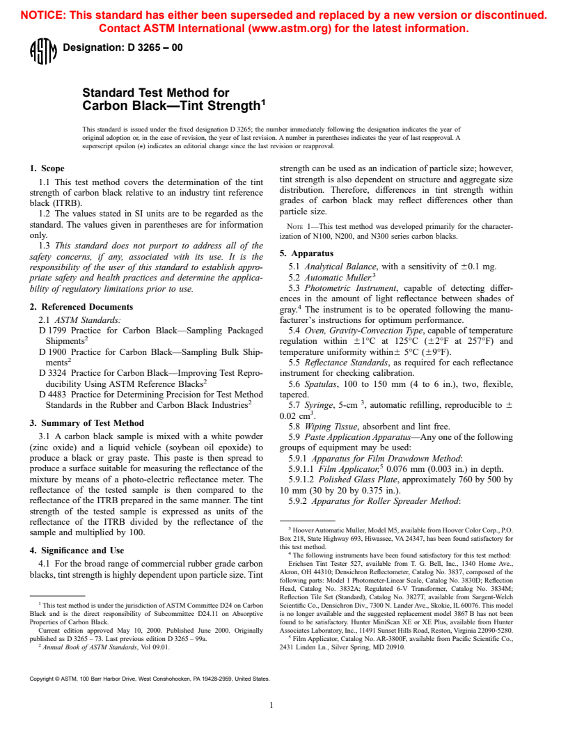 ASTM D3265-00 - Standard Test Method for Carbon Black&#8212;Tint Strength