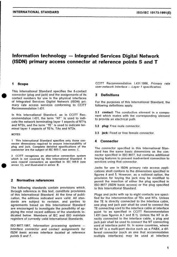 ISO/IEC 10173:1991 - Information technology -- Integrated Services Digital Network (ISDN) primary access connector at reference points S and T