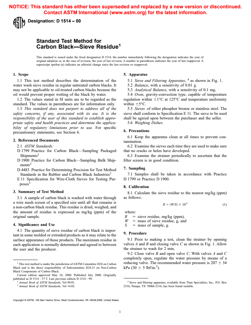 ASTM D1514-00 - Standard Test Method for Carbon Black&#8212;Sieve Residue