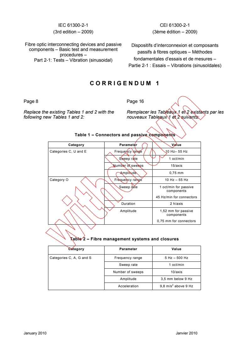 IEC 61300-2-1:2009/COR1:2010 - Corrigendum 1 - Fibre optic interconnecting devices and passive components - Basic test and measurement procedures - Part 2-1: Tests - Vibration (sinusoidal)
Released:1/14/2010