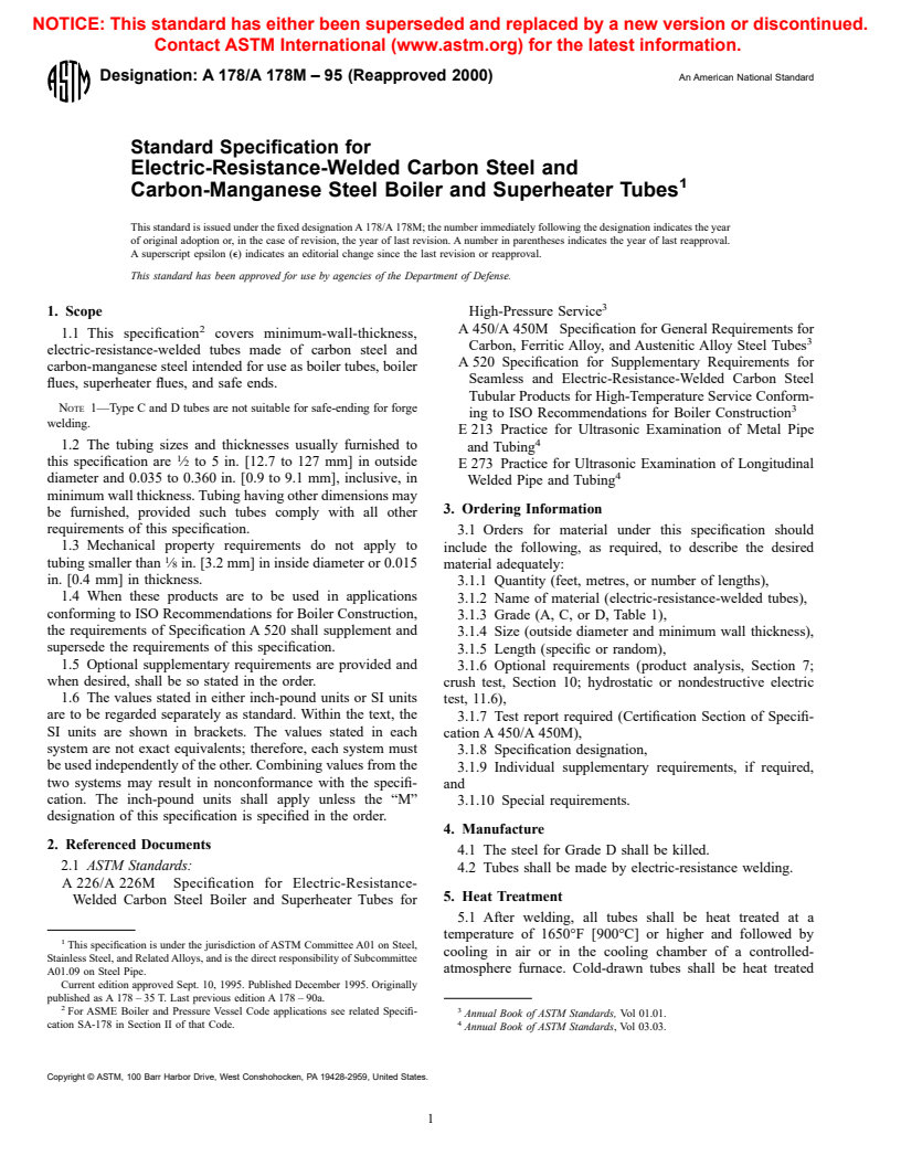 ASTM A178/A178M-95(2000) - Standard Specification for Electric-Resistance-Welded Carbon Steel and Carbon-Manganese Steel Boiler and Superheater Tubes