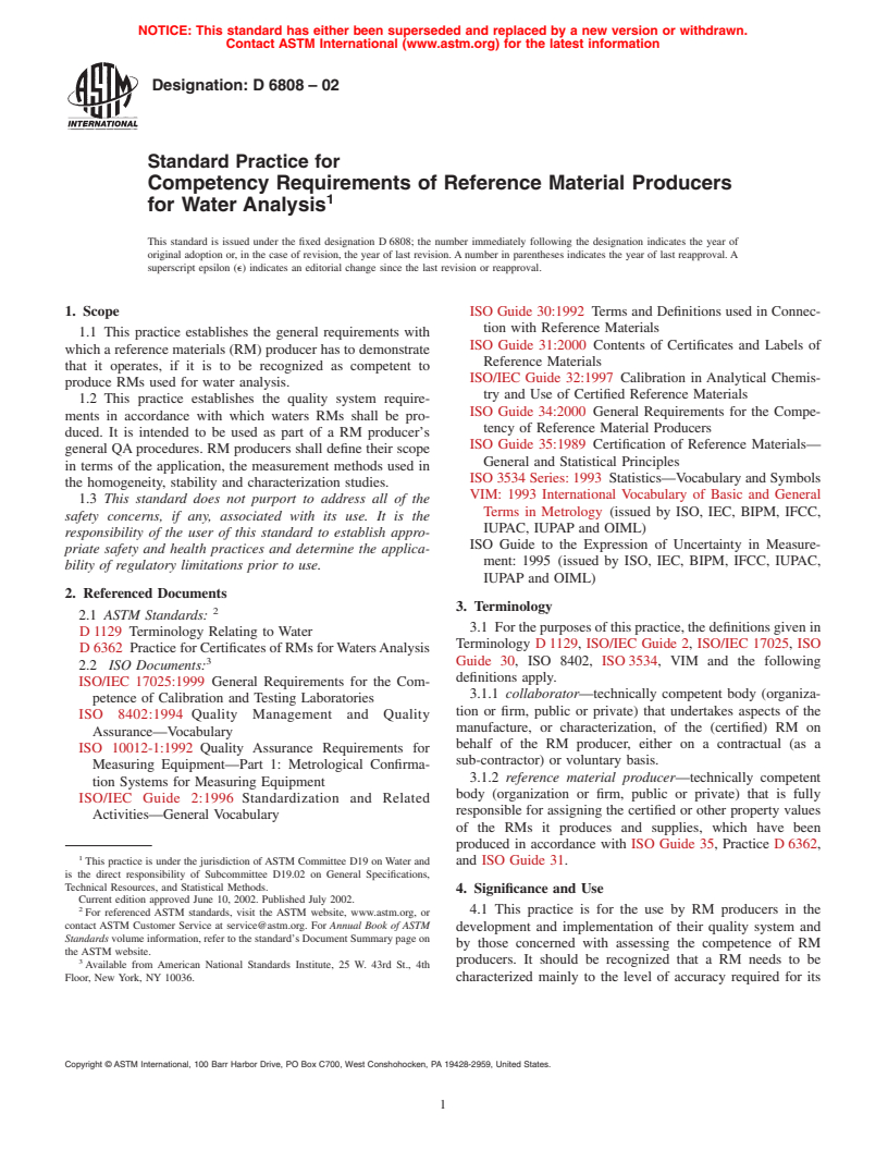 ASTM D6808-02 - Standard Practice for Competency Requirements of Reference Material Producers for Water Analysis