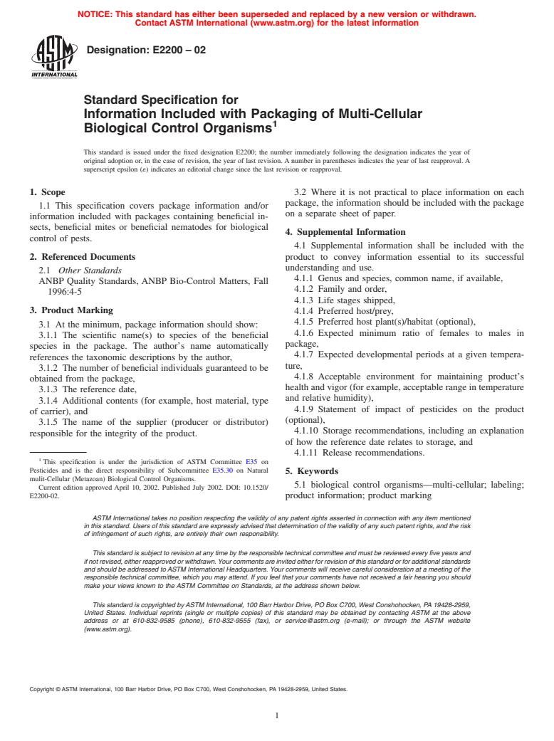 ASTM E2200-02 - Standard Specification for Information Included with Packaging of Multi-Cellular Biological Control Organisms (Withdrawn 2010)