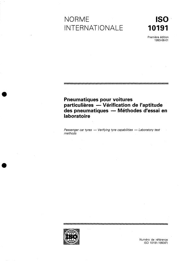 ISO 10191:1993 - Pneumatiques pour voitures particulieres -- Vérification de l'aptitude des pneumatiques -- Méthodes d'essai en laboratoire