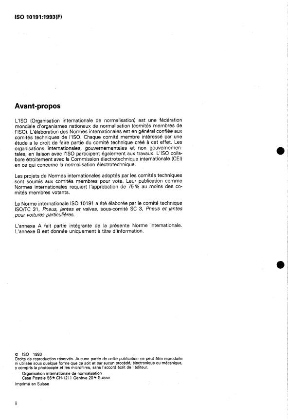 ISO 10191:1993 ISO 10191:1993 - Pneumatiques pour voitures particulieres -- Vérification de l'aptitude des pneumatiques -- Méthodes d'essai en laboratoire - Page 2 preview
