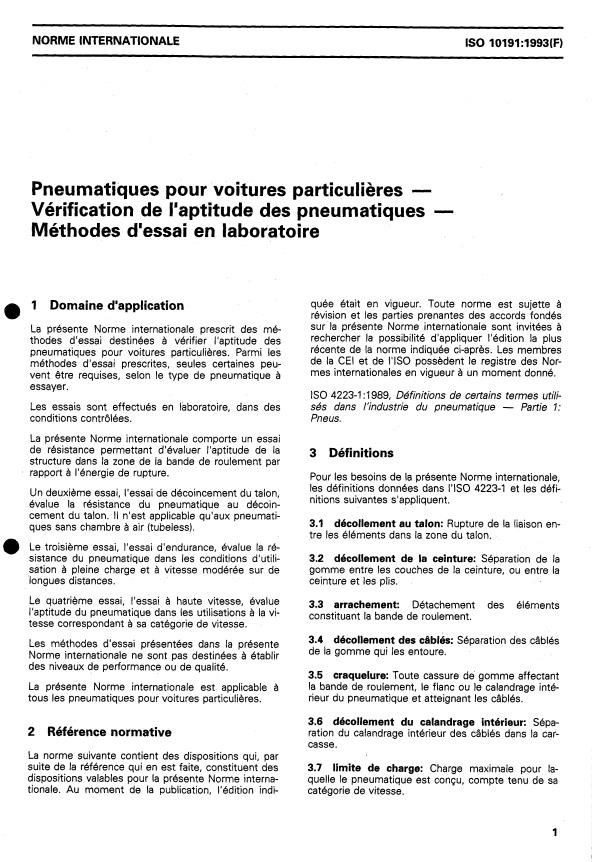 ISO 10191:1993 - Pneumatiques pour voitures particulieres -- Vérification de l'aptitude des pneumatiques -- Méthodes d'essai en laboratoire