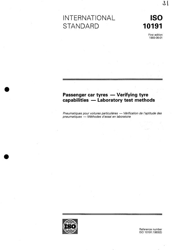 ISO 10191:1993 - Passenger car tyres -- Verifying tyre capabilities -- Laboratory test methods