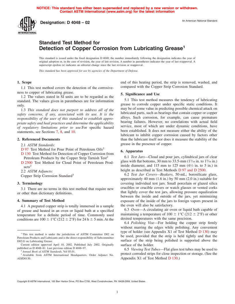 ASTM D4048-02 - Standard Test Method for Detection of Copper Corrosion from Lubricating Grease