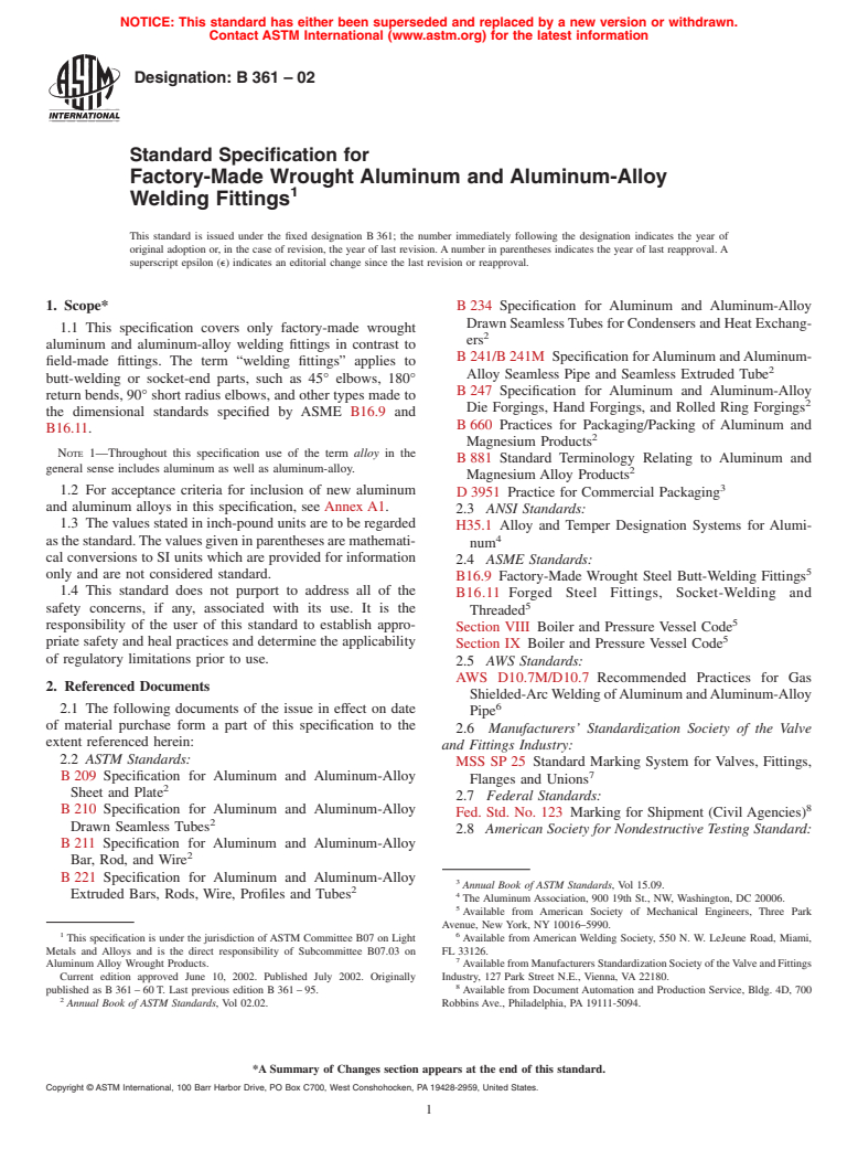 ASTM B361-02 - Standard Specification for Factory-Made Wrought Aluminum and Aluminum-Alloy Welding Fittings