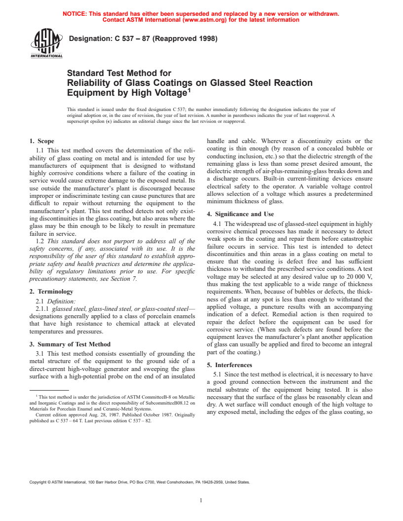 ASTM C537-87(1998) - Standard Test Method for Reliability of Glass Coatings on Glassed Steel Reaction Equipment by High Voltage