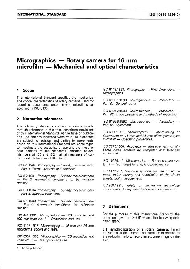 ISO 10198:1994 - Micrographics -- Rotary camera for 16 mm microfilm -- Mechanical and optical characteristics
