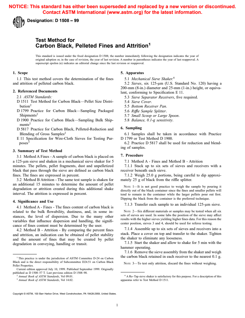 ASTM D1508-99 - Standard Test Method for Carbon Black, Pelleted-Fines and Attrition