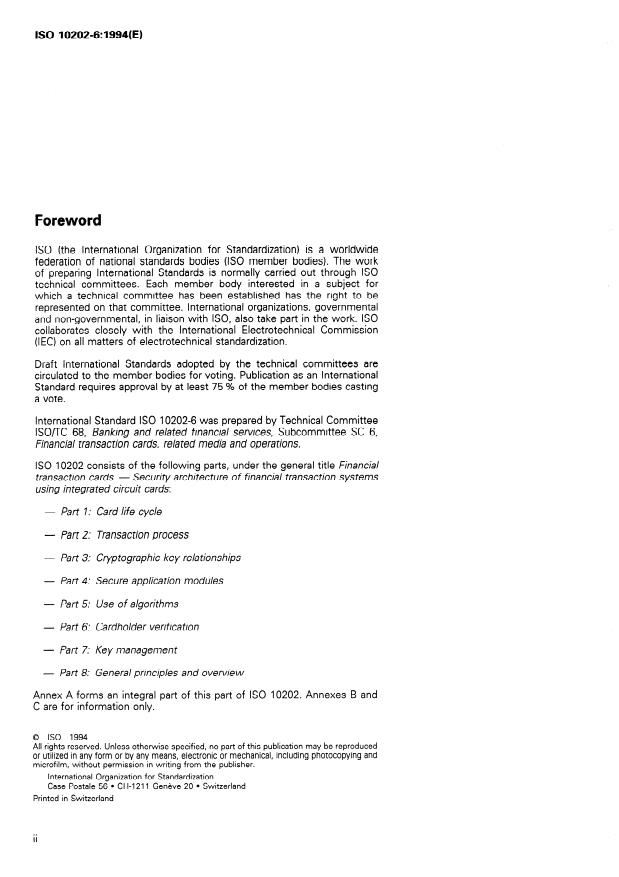 ISO 10202-6:1994 ISO 10202-6:1994 - Financial transaction cards -- Security architecture of financial transaction systems using integrated circuit cards - Page 2 preview
