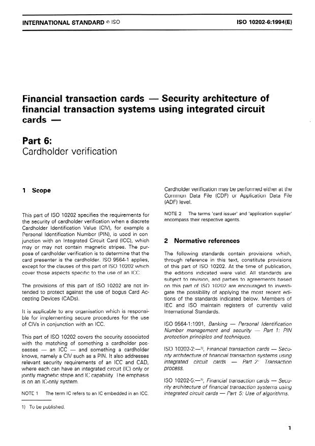 ISO 10202-6:1994 - Financial transaction cards -- Security architecture of financial transaction systems using integrated circuit cards