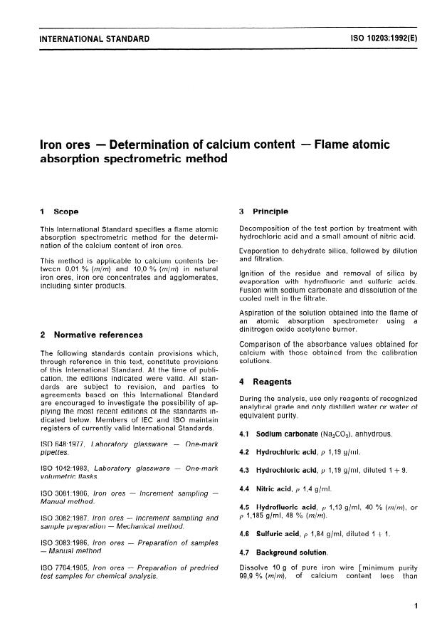 ISO 10203:1992 - Iron ores -- Determination of calcium content -- Flame atomic absorption spectrometric method