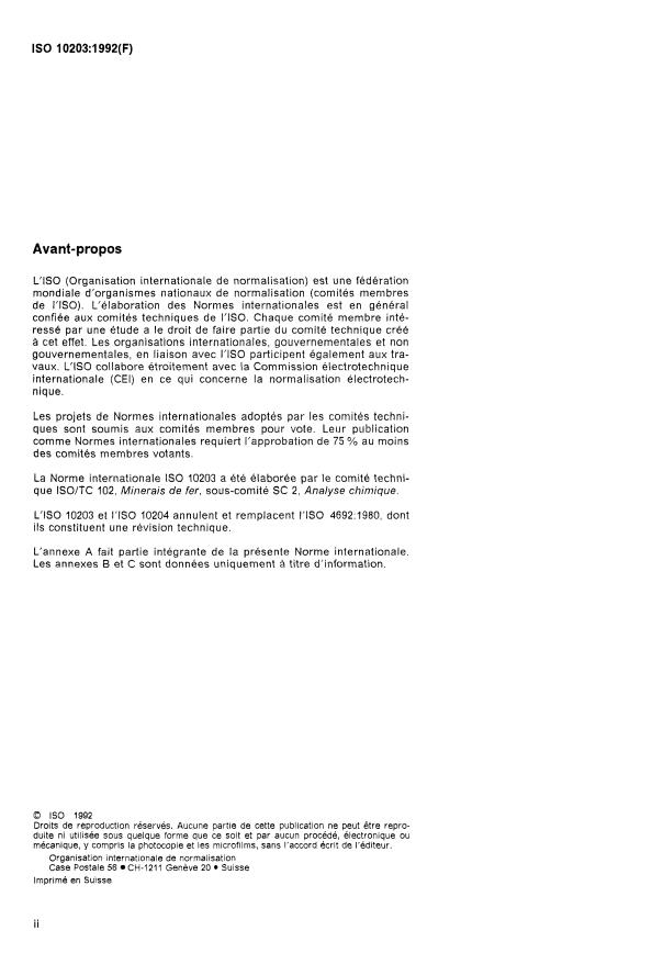 ISO 10203:1992 ISO 10203:1992 - Minerais de fer -- Dosage du calcium -- Méthode par spectrométrie d'absorption atomique dans la flamme - Page 2 preview