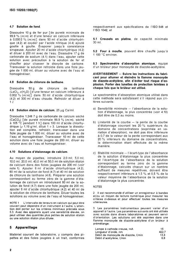 ISO 10203:1992 ISO 10203:1992 - Minerais de fer -- Dosage du calcium -- Méthode par spectrométrie d'absorption atomique dans la flamme - Page 4 preview
