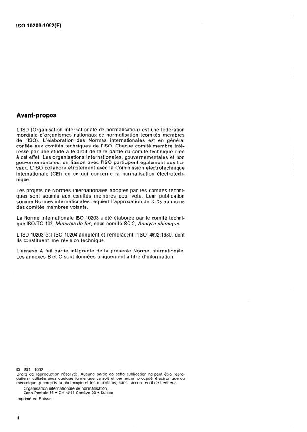 ISO 10203:1992 ISO 10203:1992 - Minerais de fer -- Dosage du calcium -- Méthode par spectrométrie d'absorption atomique dans la flamme - Page 2 preview
