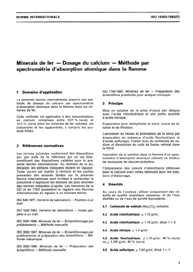 ISO 10203:1992 - Minerais de fer -- Dosage du calcium -- Méthode par spectrométrie d'absorption atomique dans la flamme