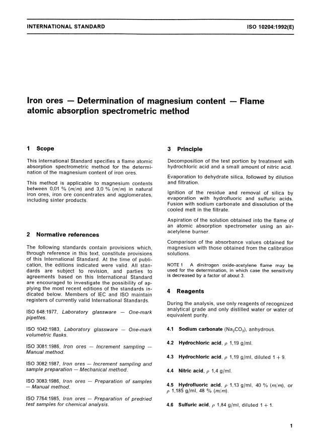 ISO 10204:1992 - Iron ores -- Determination of magnesium content -- Flame atomic absorption spectrometric method
