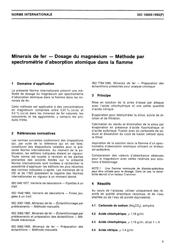 ISO 10204:1992 - Minerais de fer -- Dosage du magnésium -- Méthode par spectrométrie d'absorption atomique dans la flamme