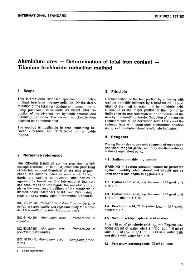 ISO 10213:1991 - Aluminium ores -- Determination of total iron content -- Titanium trichloride reduction method