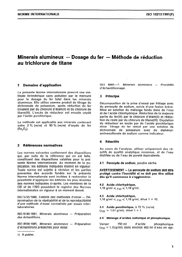 ISO 10213:1991 - Minerais alumineux -- Dosage du fer -- Méthode de réduction au trichlorure de titane
