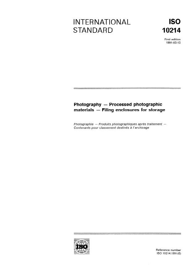 ISO 10214:1991 - Photography -- Processed photographic materials -- Filing enclosures for storage