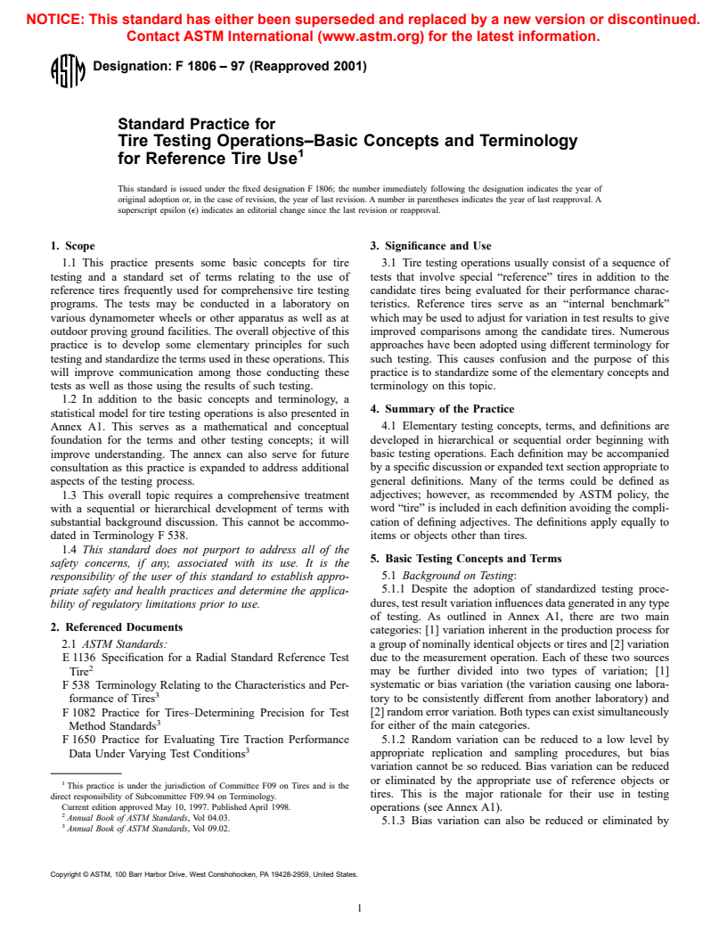 ASTM F1806-97(2001) - Standard Practice for Tire Testing Operations&#8212;Basic Concepts and Terminology for Reference Tire Use